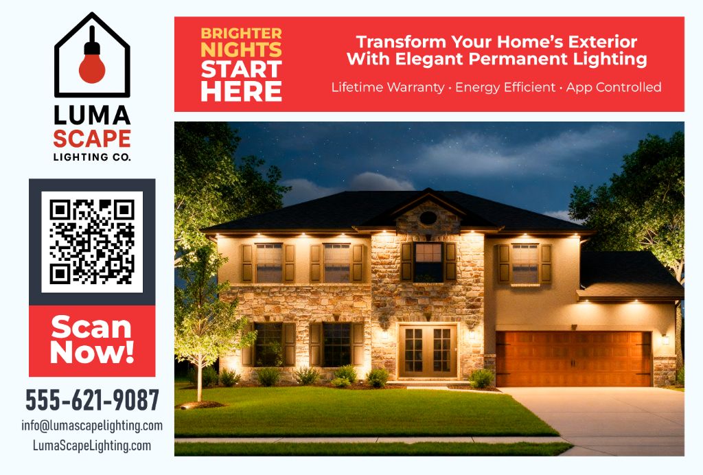 Personalized postcard showing homeowner's house with professional lighting